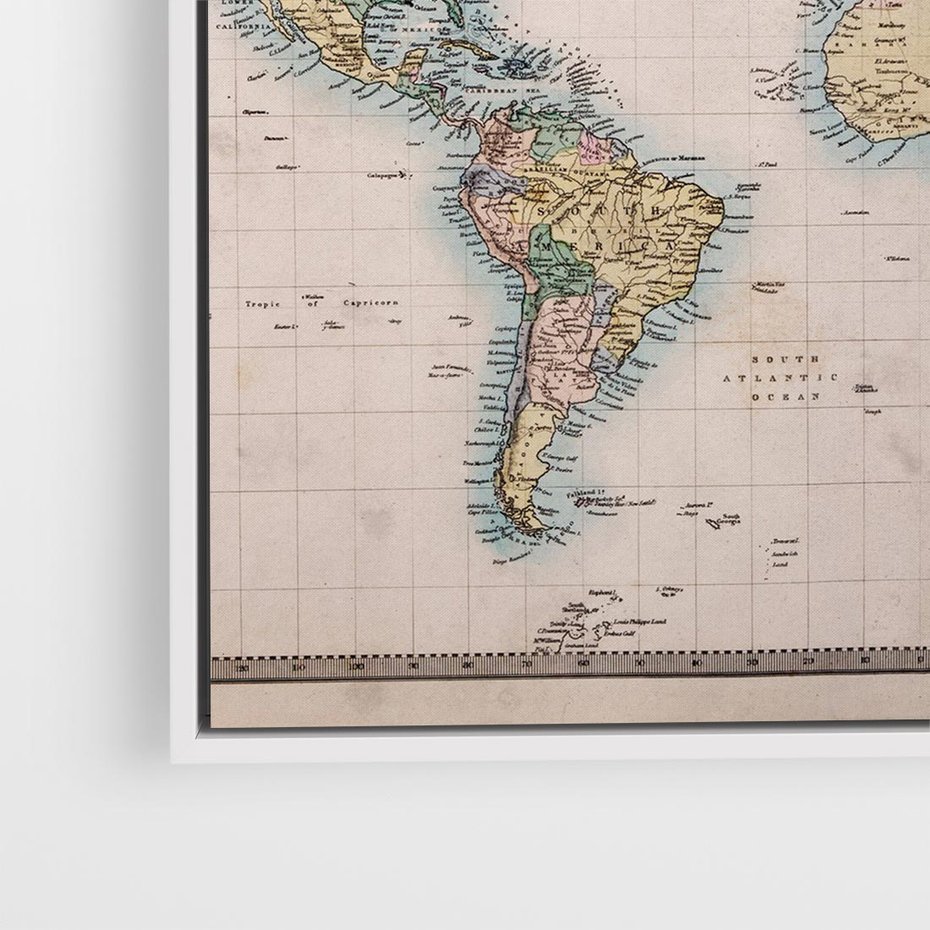 Obraz w ramie 50x50 - Światło Przeszłości - retro mapa świata, mapa - rama biała