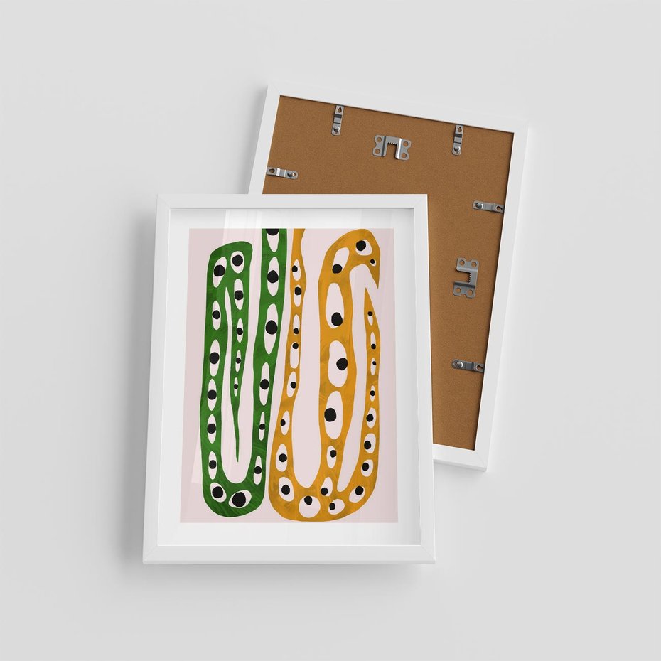 Plakat w ramie 30x40 - Migocące Zmaganie - abstrakcyjny obraz, dziwne kształty - rama biała