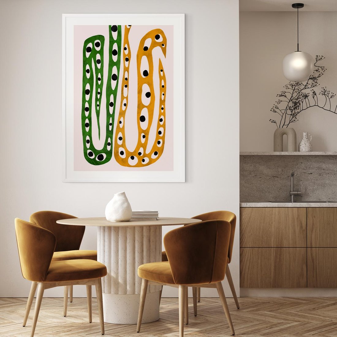 Plakat w ramie 30x40 - Migocące Zmaganie - abstrakcyjny obraz, dziwne kształty - rama biała