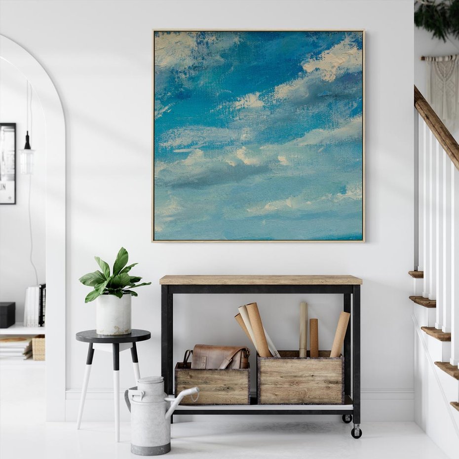 Obraz w ramie 50x50 - Oddechy niebiańskiej materii - olejny obraz, smugi farby przypominają obłoki na błękitnym niebie - rama drewno