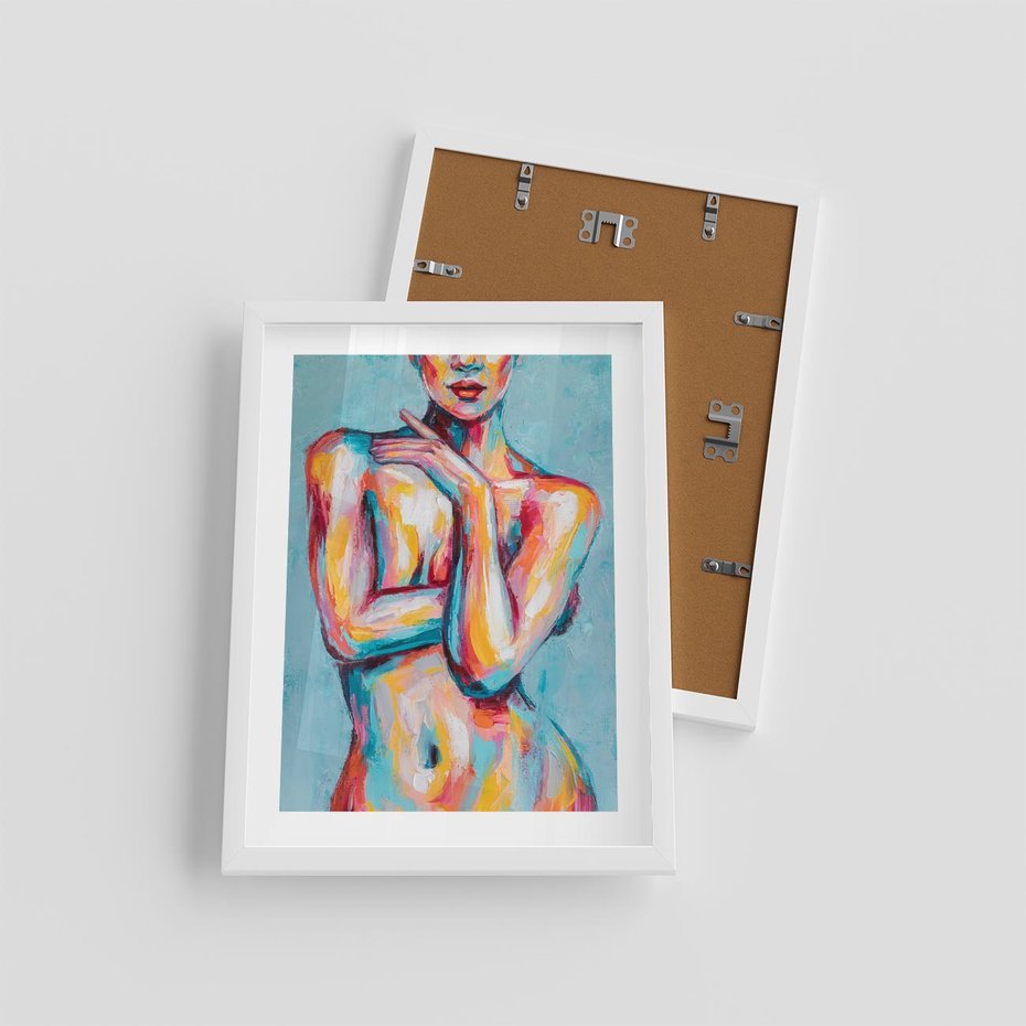 Plakat w ramie 30x40 - Nagie Natchnienie - obraz olejny, naga kobieta - rama biała