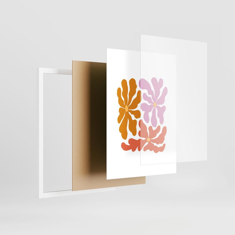 Plakat w ramie 50x70 - Rozbijające Refleksje - abstrakcyjne kolorowe kwiaty, minimlizm - rama biała