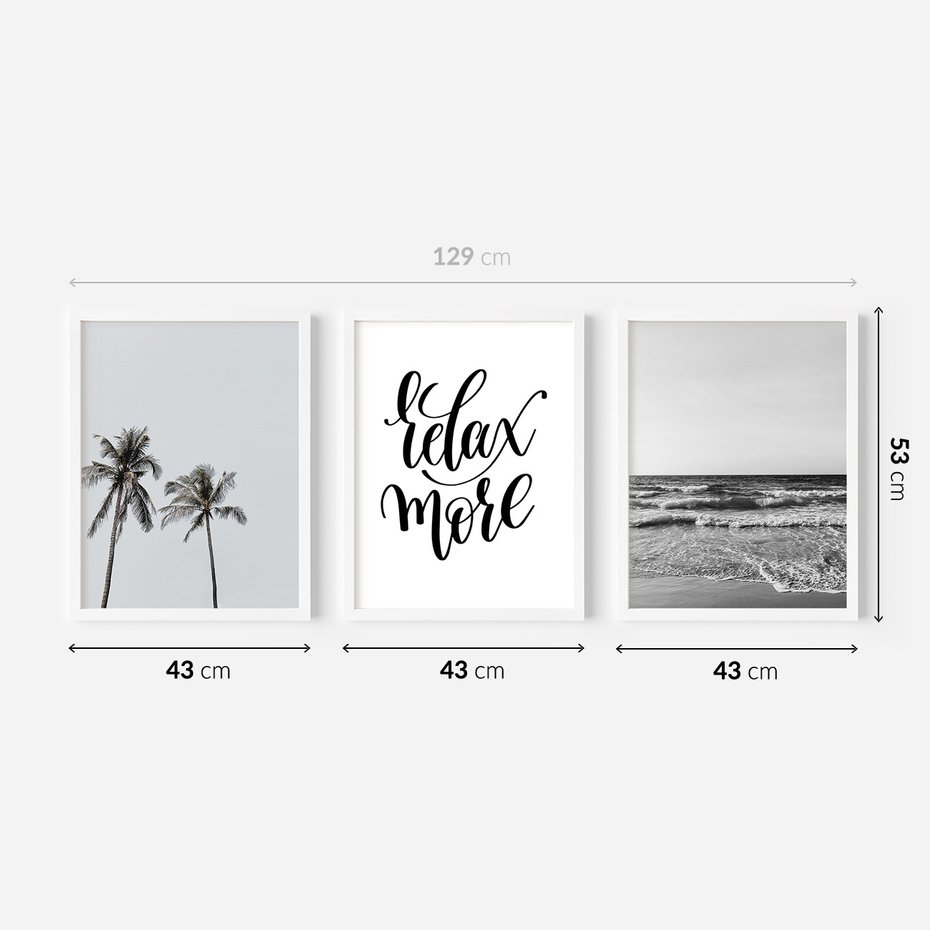 Zestaw obrazy w ramie 40x50 galeria - Plaża, palmy, relaks, typografia - rama biała