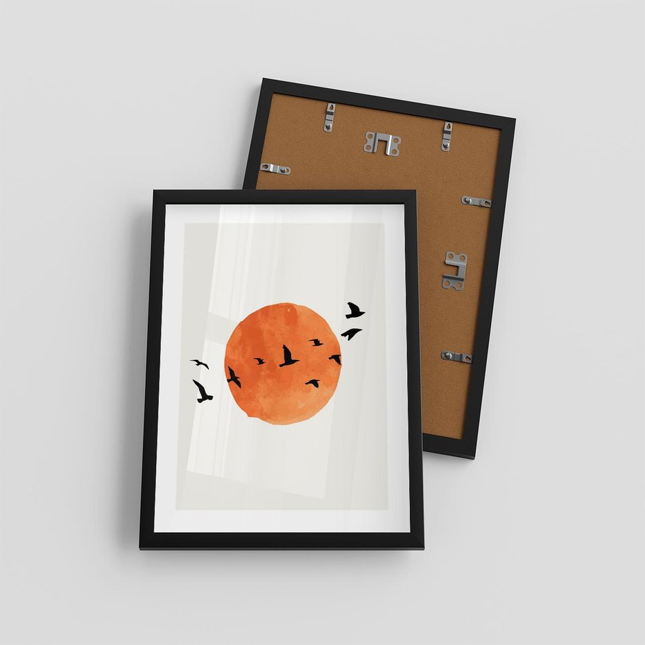 Plakat w ramie 30x40 - Zachód Słońca i Ptaki - grafika akwarela, czarne ptaki na tle zachodu słońca - rama czarna