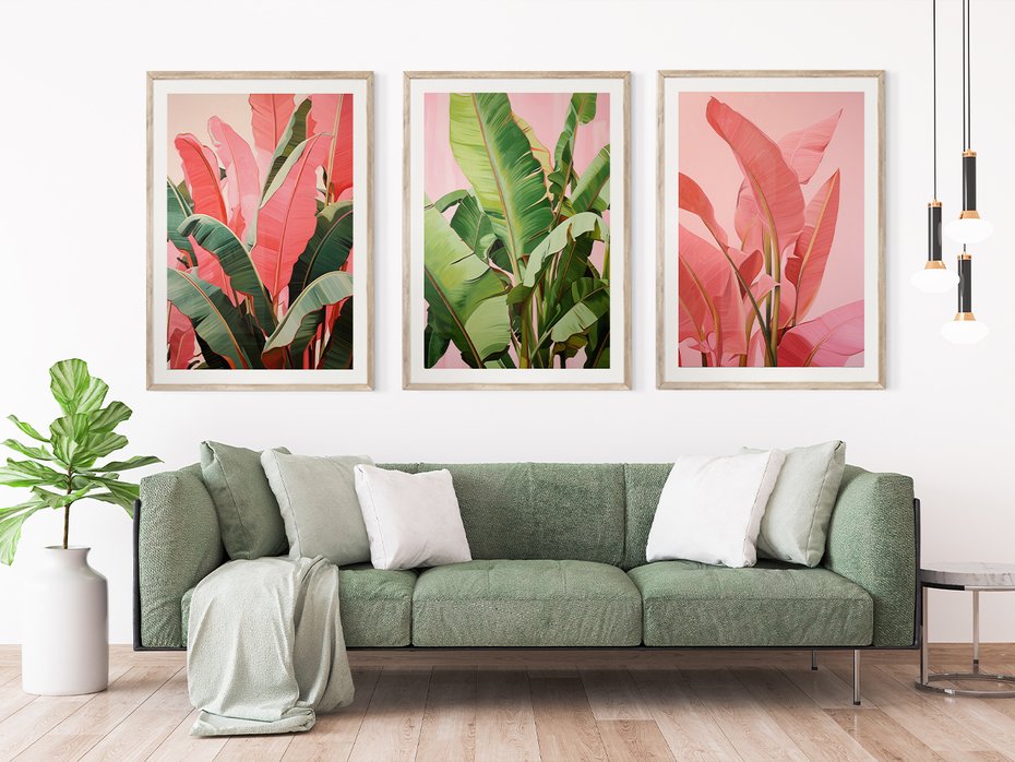 Zestaw obrazy w ramie 30x40 galeria - liście, tropikalne, bananowiec - rama drewno