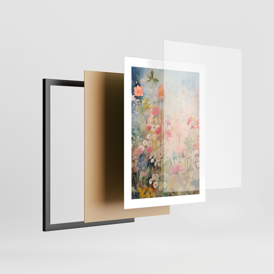 Zestaw obrazy w ramie 50x70 galeria - kwiaty, łąka, akwarela, boho - rama czarna