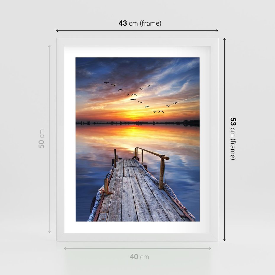 Plakat w ramie 40x50 - Zachód słońca na pomostcie - pomost, zachód - rama biała