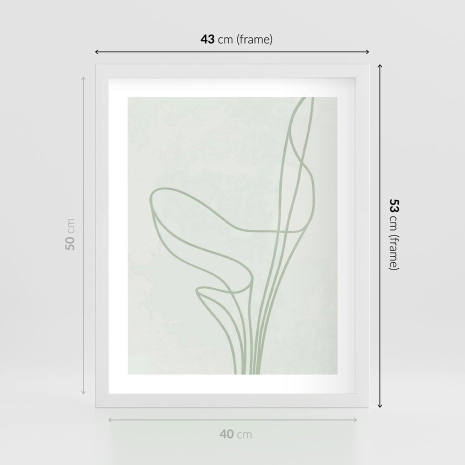 Plakat w ramie 40x50 - Zielona Równowaga Linii - abstrakcyjne delikatne zielone linie, nowoczesny plakat - rama biała