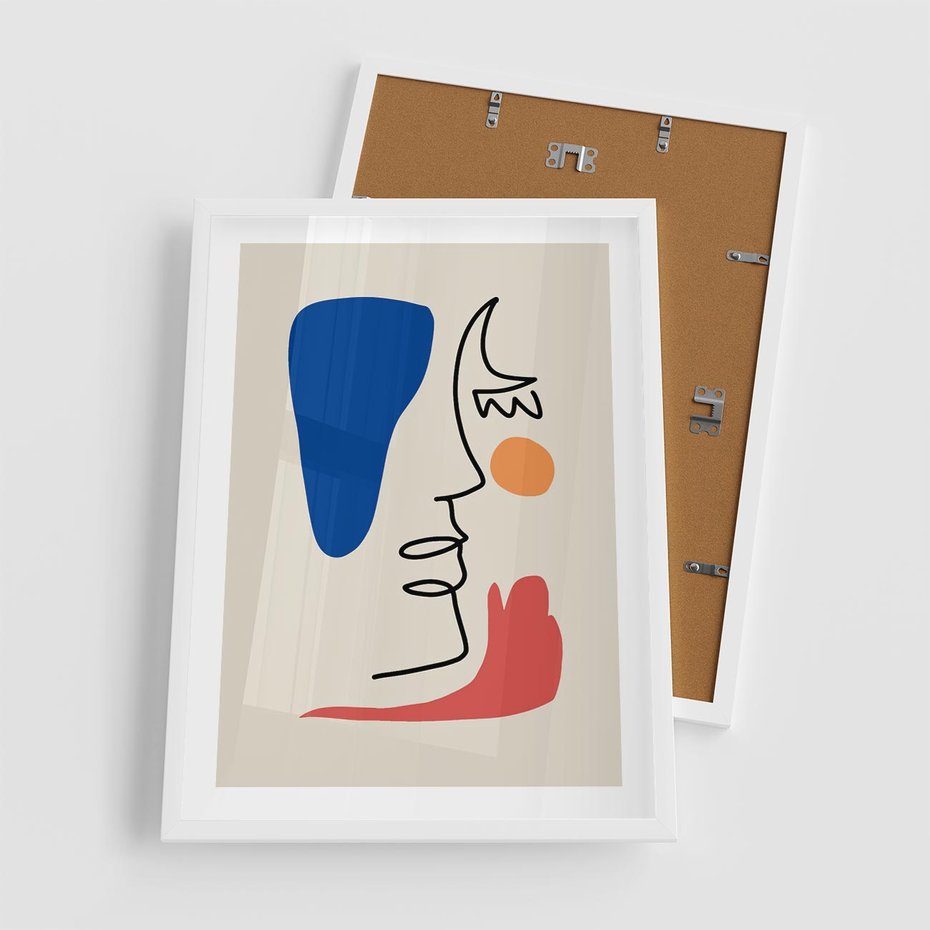 Plakat w ramie 50x70 - Rozbijające Symfonie Form - abstrakcyjny obraz, przypomina twarz - rama biała