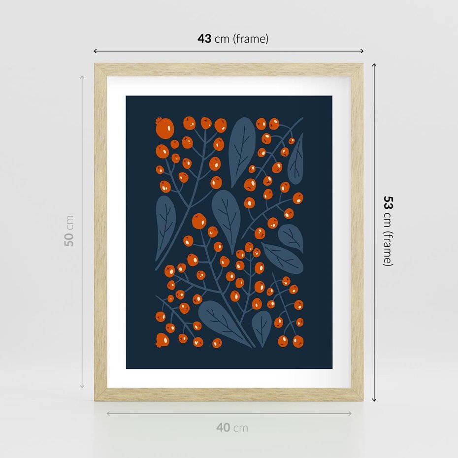 Plakat w ramie 40x50 - Symfonia liści i owoców - granatowe tło, pomarańczowe owoce jarzębiny - rama drewno