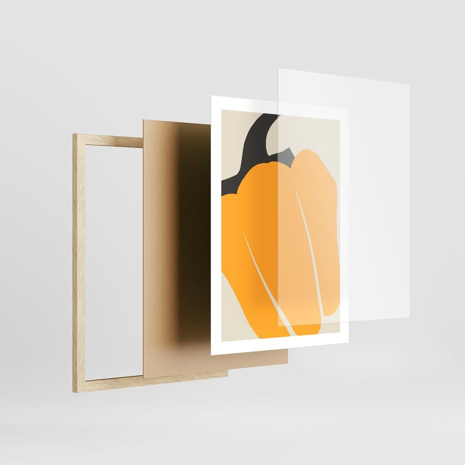 Plakat w ramie 50x70 - Migocące Formy - abstrakcyjny minimalistyczny obraz, żółta papryczka - rama drewno