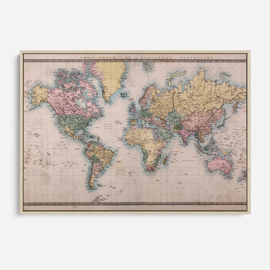 Obraz w ramie 100x70 - Światło Przeszłości - retro mapa świata, mapa - rama drewno