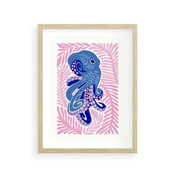 Plakat w ramie 40x50 - Rozkwitające marzenia - abstrakcyjna kompozycja, niebieska ośmiornica wśród różowej roślinnośći - rama drewno