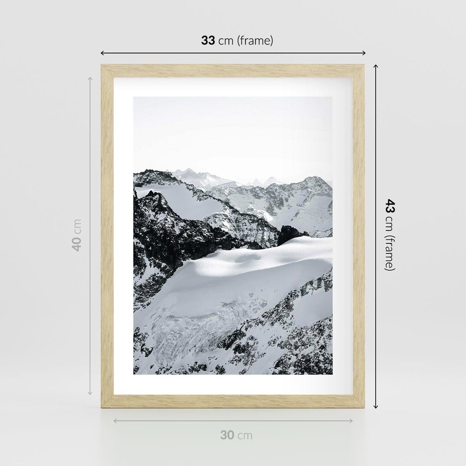 Plakat w ramie 30x40 - Biały Zimowy Pejzaż - góry w zimie, ośnieżone wysokie szczyty - rama drewno
