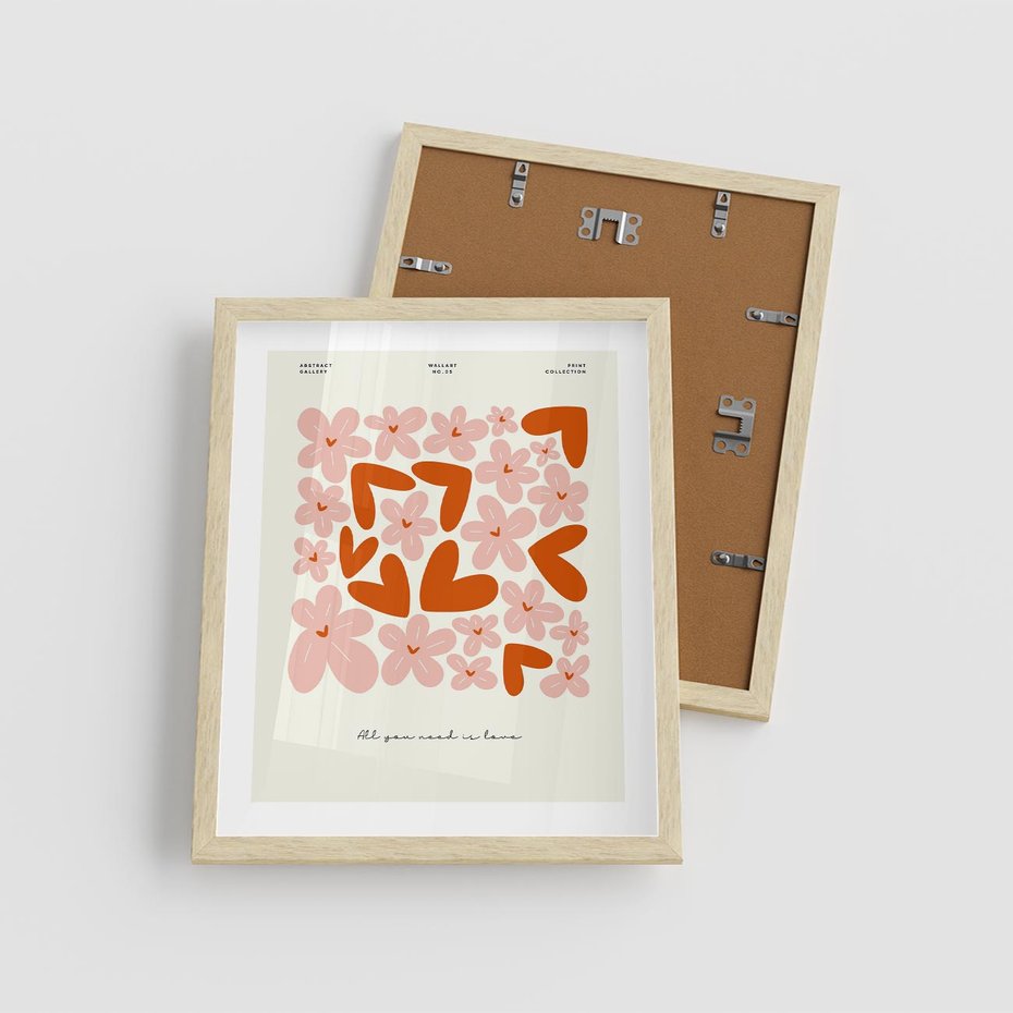 Plakat w ramie 40x50 - Miłość w Kompozycji - grafika, kompozycja kwiaty i serca - rama drewno