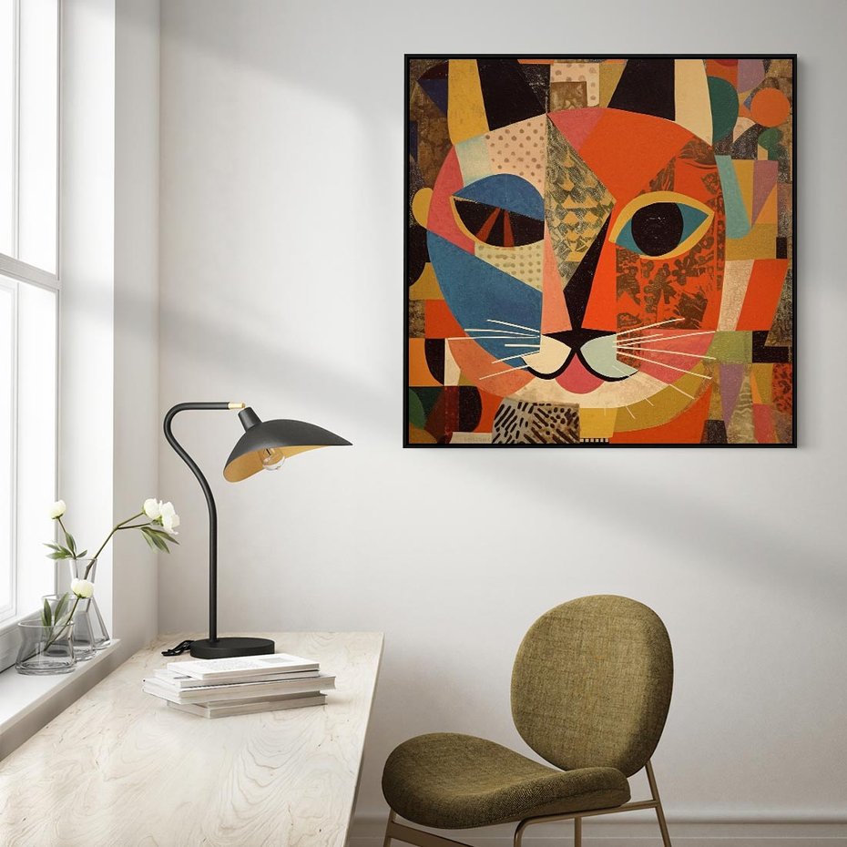 Obraz w ramie 50x50 - Impresje Nieznanych Odniesień - abstrakcyjny obraz olejny, kot - rama czarna