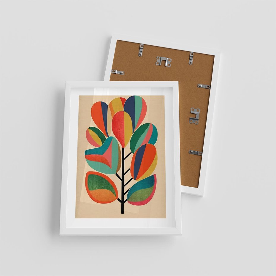 Plakat w ramie 30x40 - Wnętrza Kształtów - abstrakcyjny kolorowy tęczowy obraz, inspiracje roślinne - rama biała