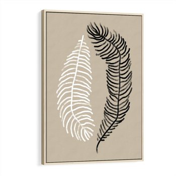 Obraz w ramie 70x100 - Spleciona Harmonia - sztuka nowoczesna, białe i czarne pióro - rama drewno