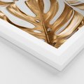 Plakat w ramie 40x50 - Złote Akcenty w Fotografii - złotel liście monstery, na białym tle - rama biała