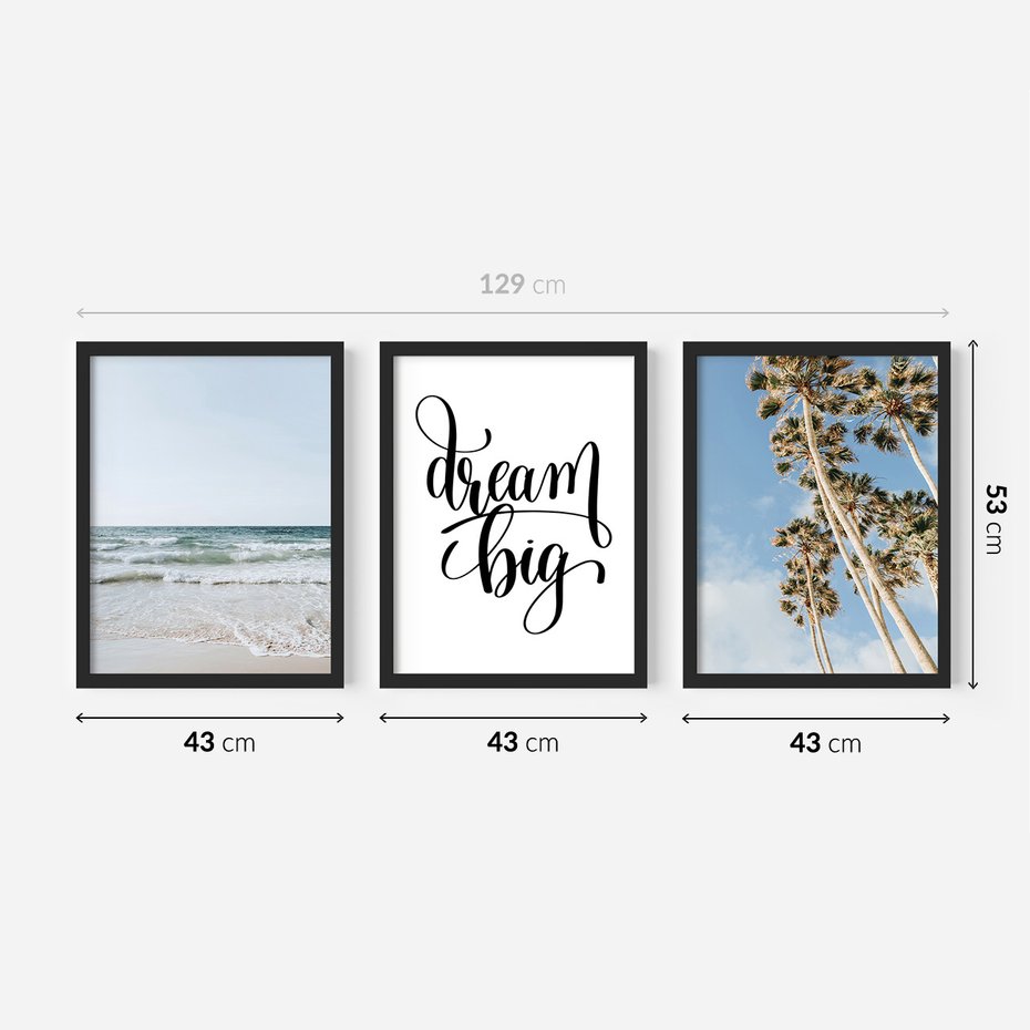 Zestaw obrazy w ramie 40x50 galeria - Dream, big, palmy, morze - rama czarna