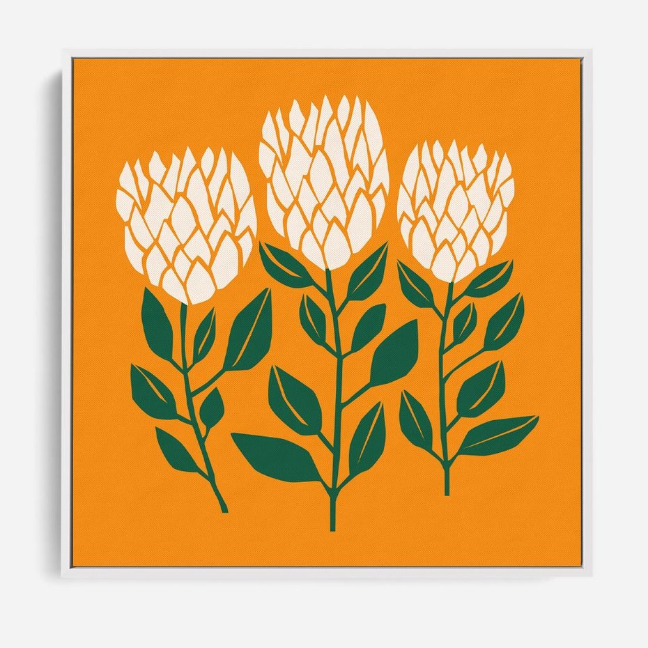 Obraz w ramie 80x80 - Kolorowe Impresje - abstrakcyjna kwiatowa kompozycja, żółte mocne tło - rama biała