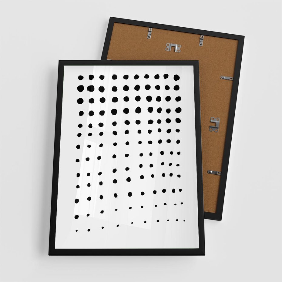 Plakat w ramie 50x70 - Abstrakcyjna Transformacja - abstrakcyjna kompozycja z czarnych kropek, minimalistyczny czarno bialy plakat - rama czarna