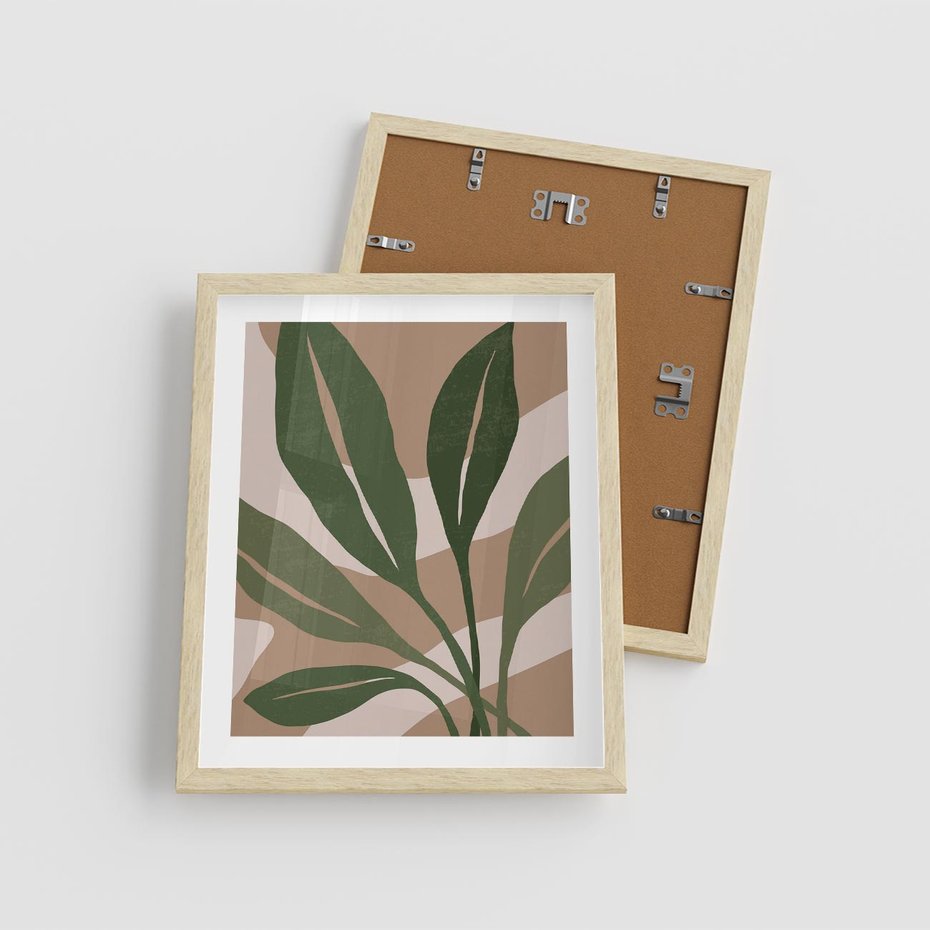 Plakat w ramie 40x50 - Nowoczesność Natury: Plakat z Zielonymi Liśćmi - nowoczesny plakat, beż - rama drewno