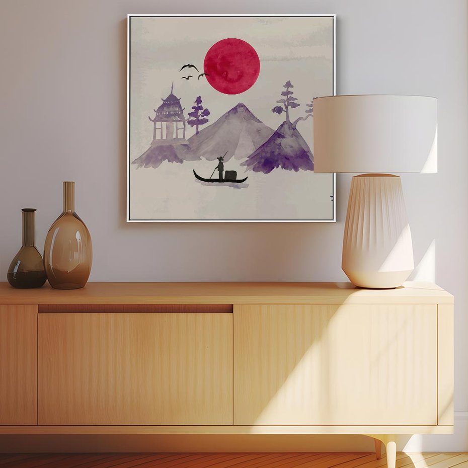 Obraz w ramie 80x80 - Odbicie Słońca - japońska sztuka, akwarela - rama biała