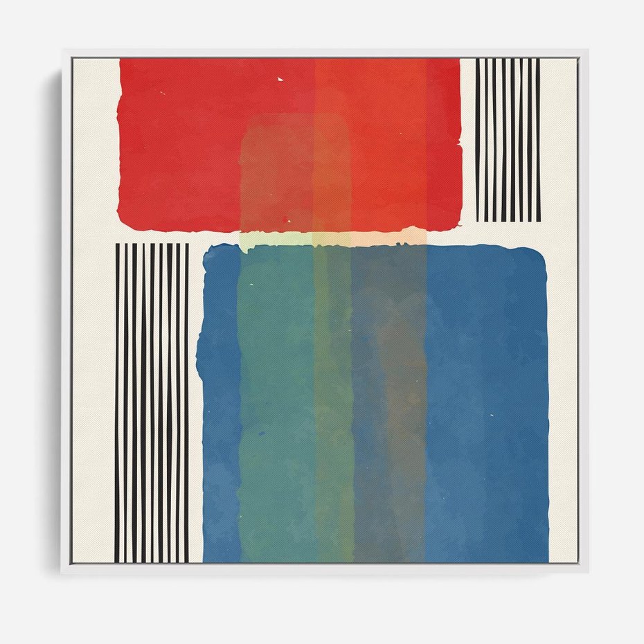 Obraz w ramie 80x80 - Kolorowe Spektrum - kolorowa geometria, prostokąty w intensywnych kształtach i czarne kreski - rama biała