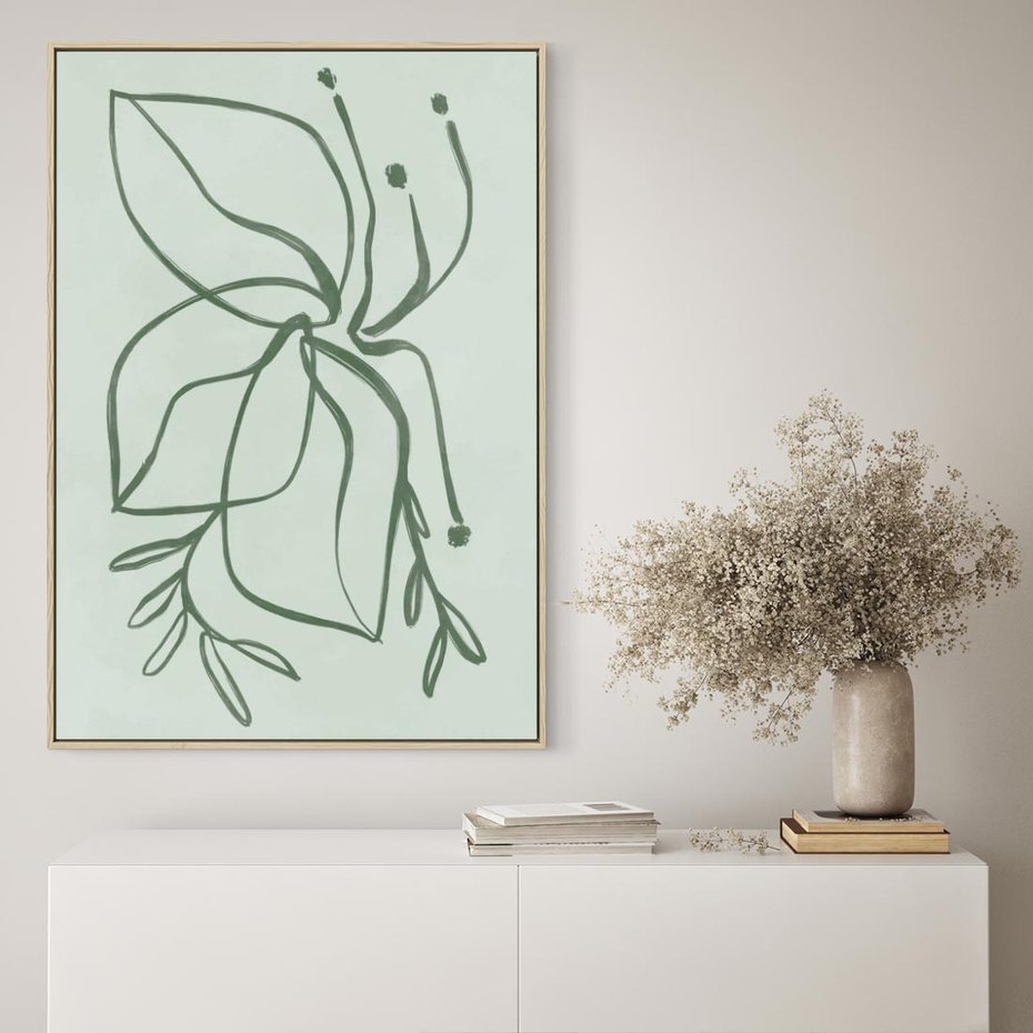 Obraz w ramie 50x70 - Energetyczne Odrodzenie Natury - abstrakcyjne delikatne zielone linie, podobne do gałęzi kwiatów - rama drewno