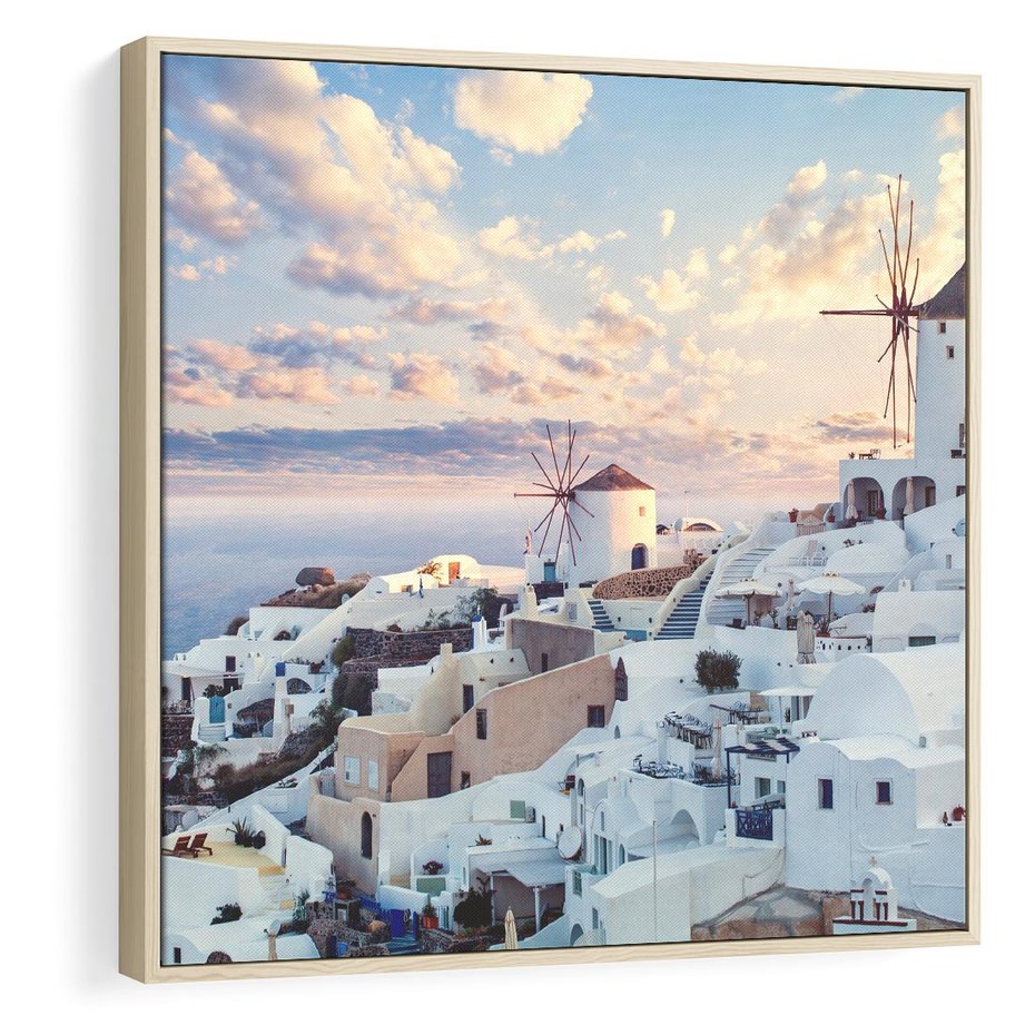 Obraz w ramie 50x50 - Biel ponad Błękitem - Santorini, białe budynki - rama drewno