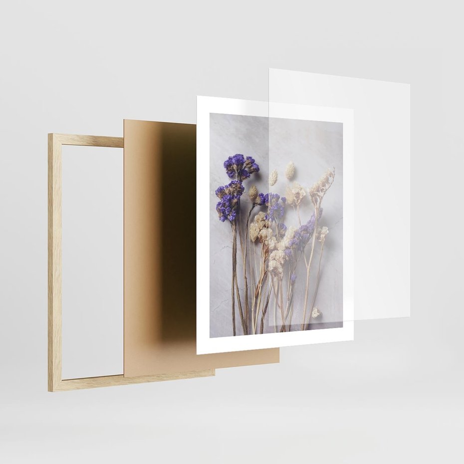 Plakat w ramie 40x50 - Błękitno-Biała Harmonia - suszone kwiaty, błekitne - rama drewno