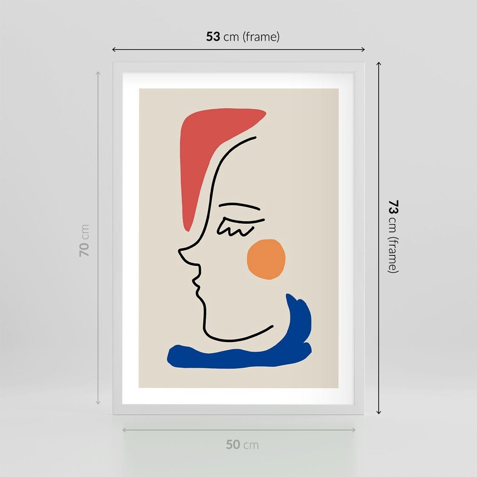 Plakat w ramie 50x70 - Impresje Kształtów - abstrakcyjny obraz, przypomina twarz - rama biała