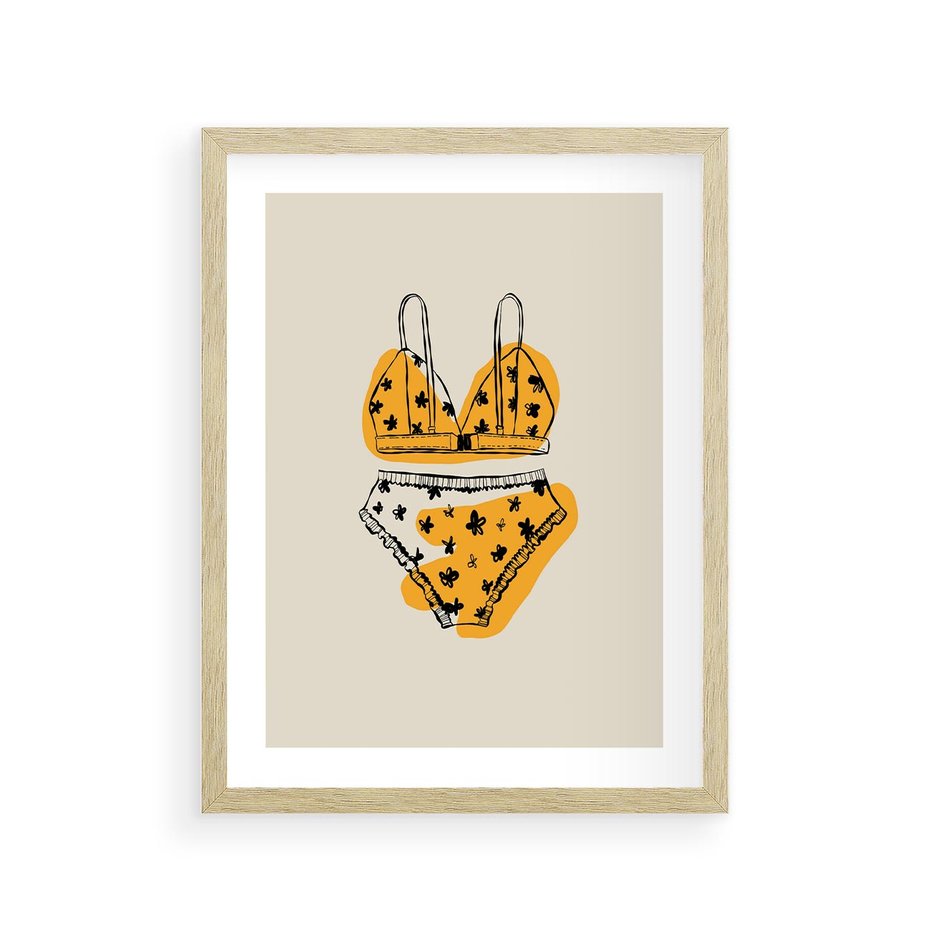 Plakat w ramie 30x40 - Minimalistyczny Szkic Bielizny - minimalistyczna grafika, szkic bielizny - rama drewno