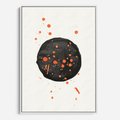 Obraz w ramie 70x100 - Impulsy Kreatywności - abstrakcyjna czarna plama, rozsiane pomarańczowe kropki - rama biała