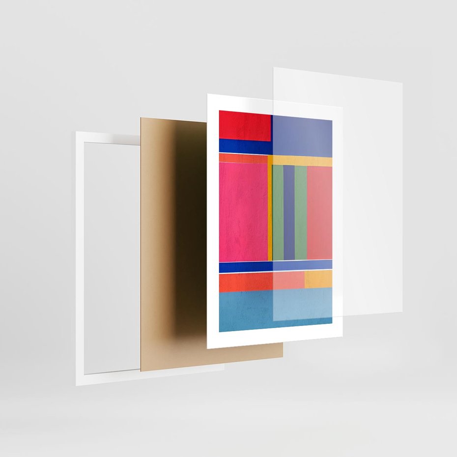 Plakat w ramie 30x40 - Wnętrza Rozplątanych Barw - abstrakcyjny geometryczny obraz olejny, kolorowe pasy - rama biała