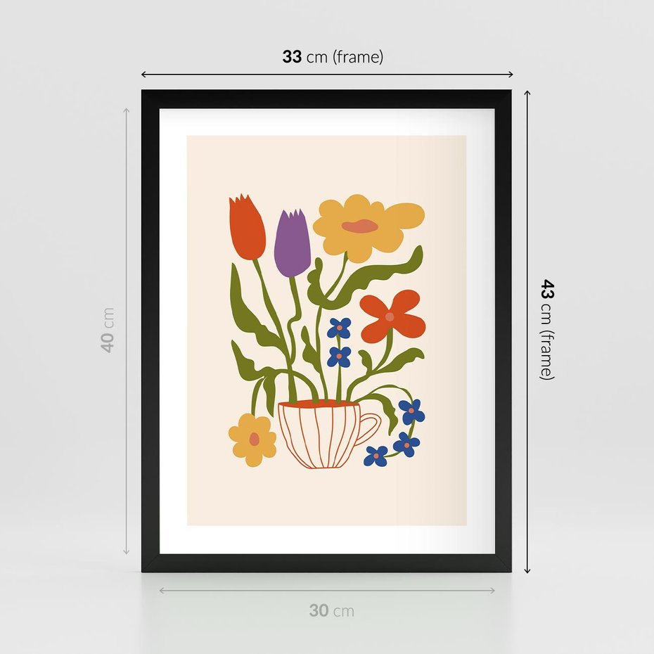 Plakat w ramie 30x40 - Kolorowe Granice - kwiaty w filizance, abstrakcja - rama czarna