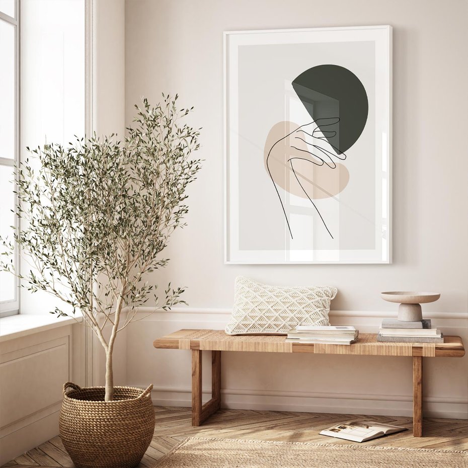 Plakat w ramie 50x70 - Przenikające Kształty - szkic jedną linią, one line - rama biała