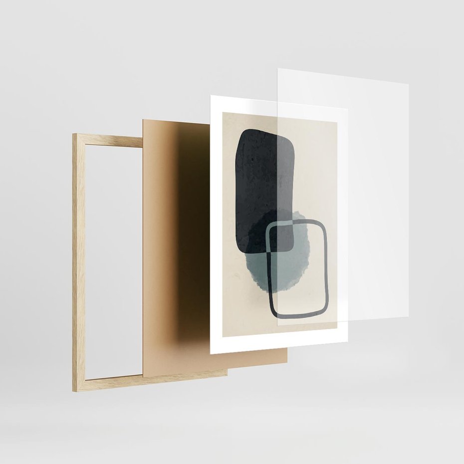 Plakat w ramie 30x40 - Migotliwe Refleksje - abstrakcyjne nieregularne kształty, minimalistyczny plakat - rama drewno