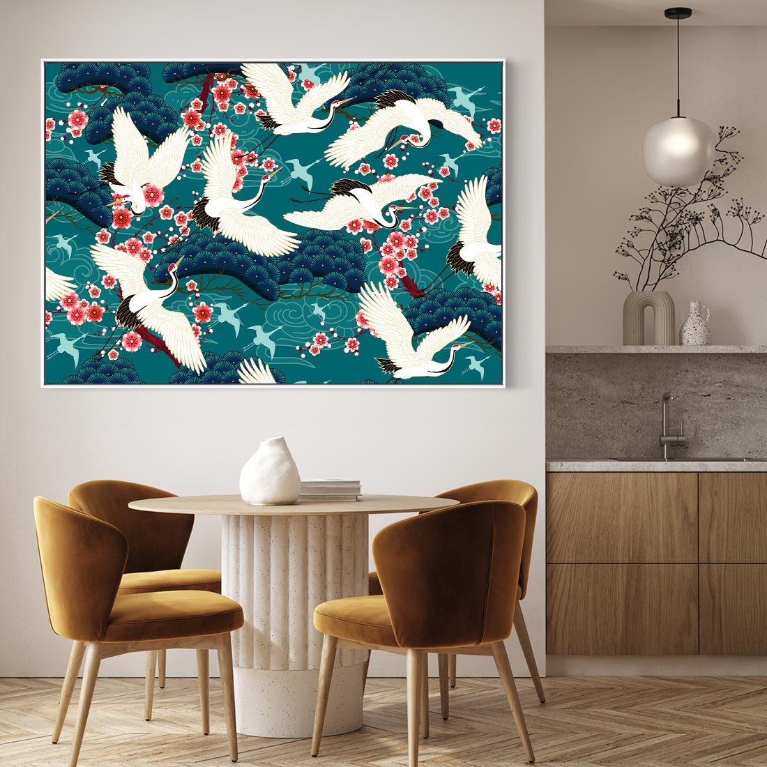 Obraz w ramie 70x50 - Żurawie Wachlarze - orientalne japońskie żurawie, grafika - rama biała