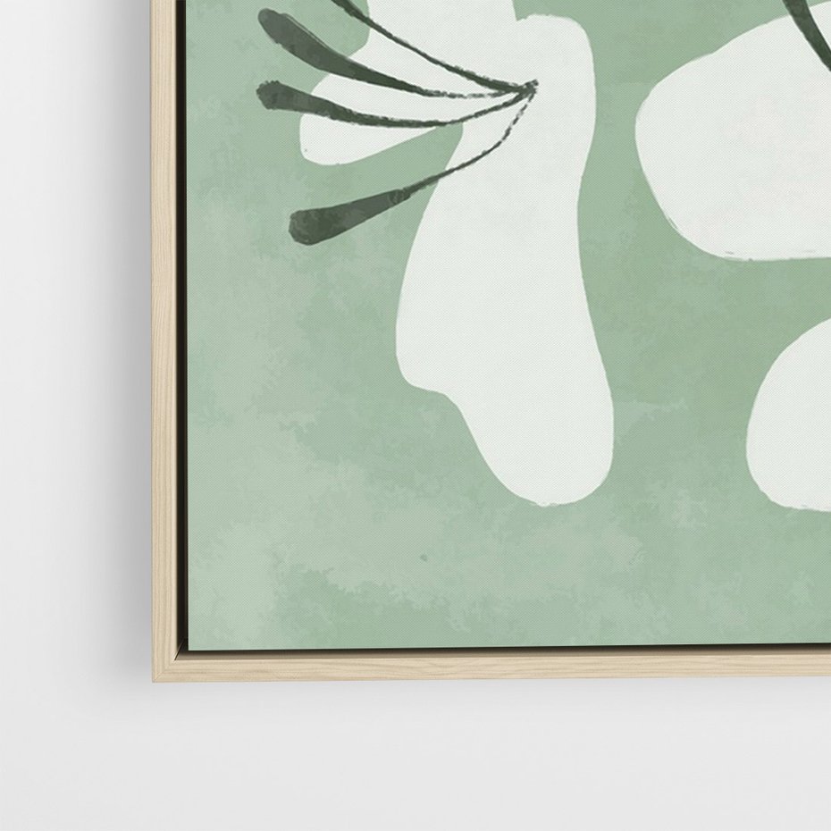 Obraz w ramie 70x100 - Rozkwitające Ukojenie - zgaszona zieleń, kwiaty - rama drewno