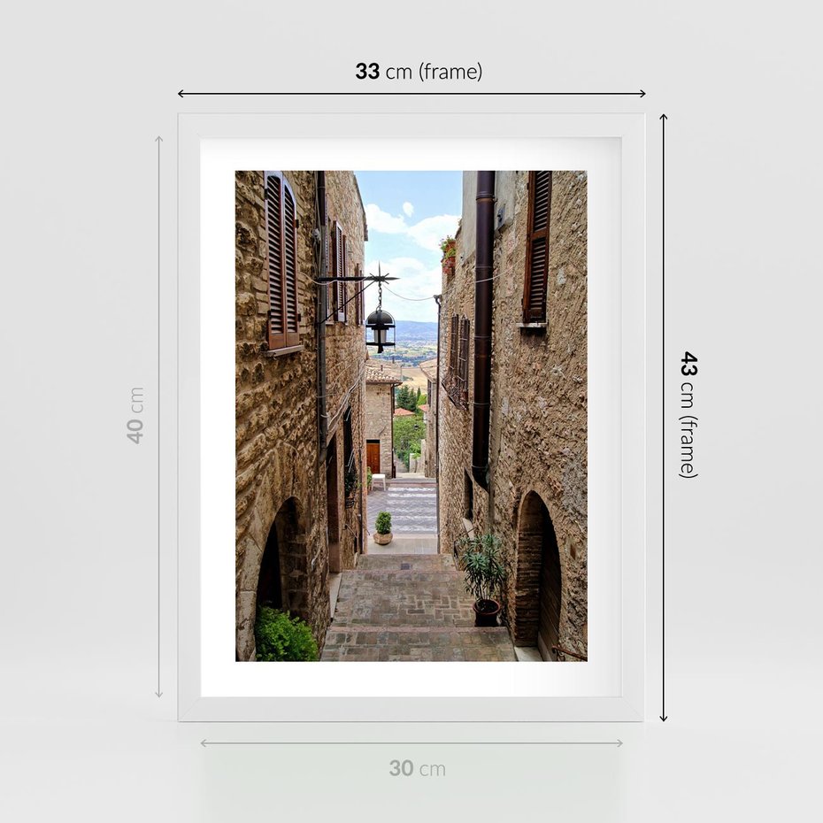 Plakat w ramie 30x40 - Perspektywa malowniczej uliczki - uliczka, perspektywa - rama biała