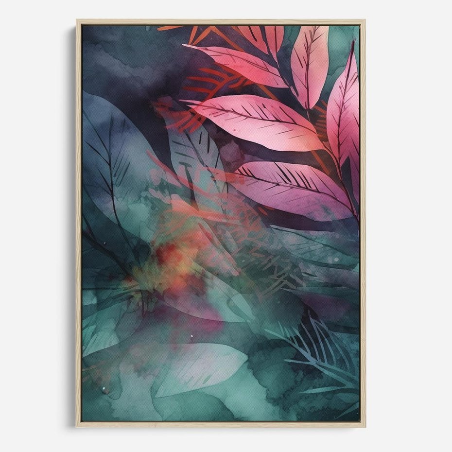 Obraz w ramie 50x70 - Subtelne Zielone - pastelowe zielone liście, róż - rama drewno