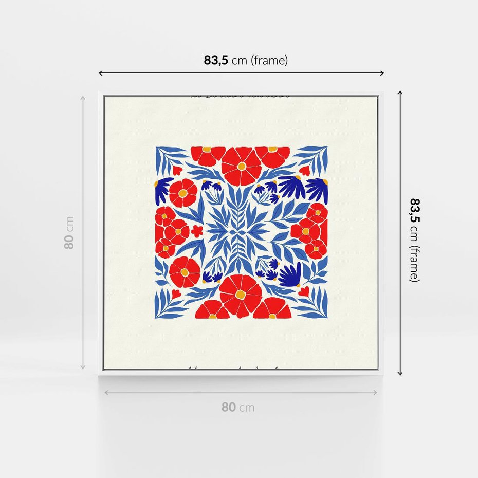 Obraz w ramie 80x80 - Tajemnicza Droga - nowoczesna kwiatowa kompozycja, czerwony i niebieski - rama biała