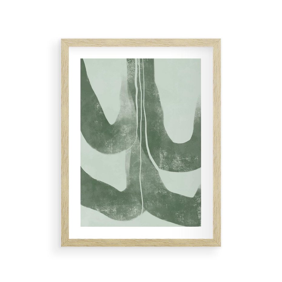 Plakat w ramie 30x40 - Nurtująca Kompozycja Zieleni - abstrakcyjne delikatne zielone linie, podobne do gałęzi kwiatów - rama drewno