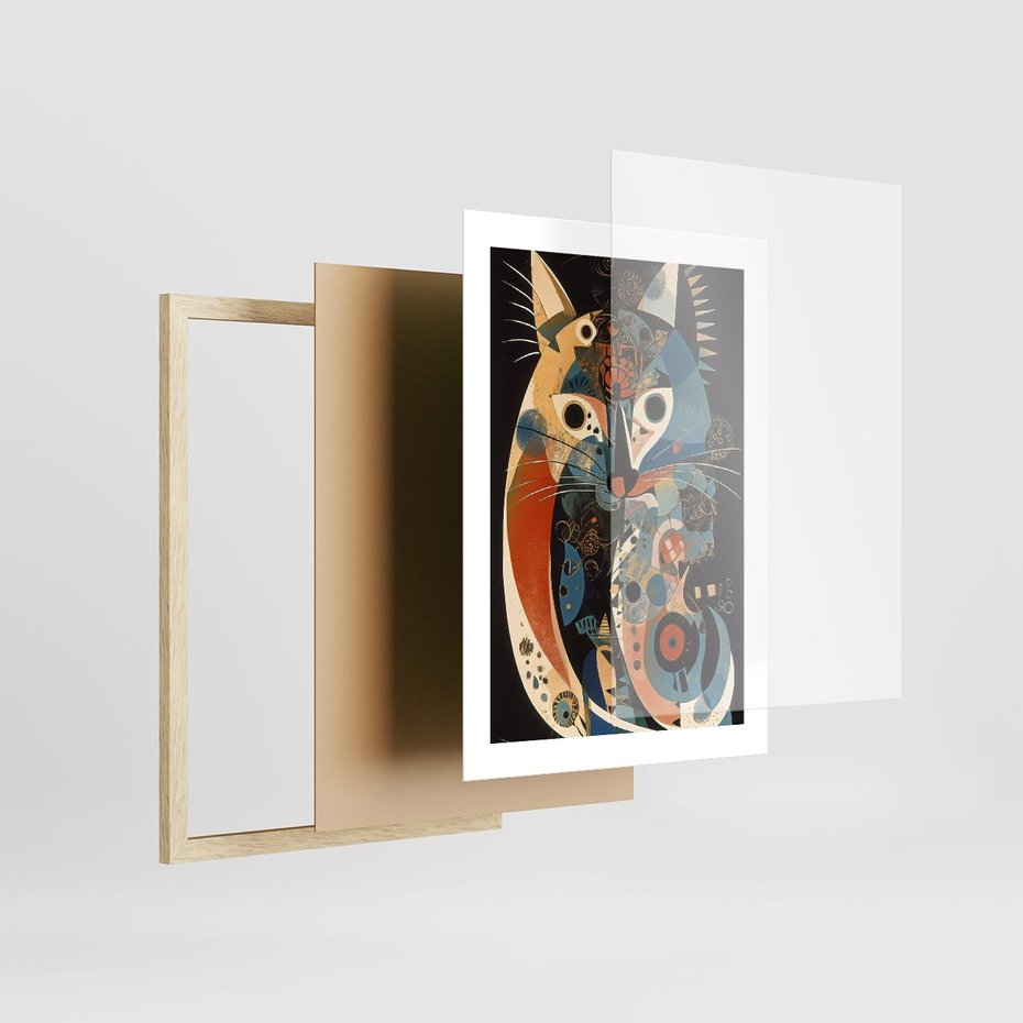 Plakat w ramie 30x40 - Księga Surrealnych Wymiarów - abstrakcyjny obraz olejny, kot - rama drewno