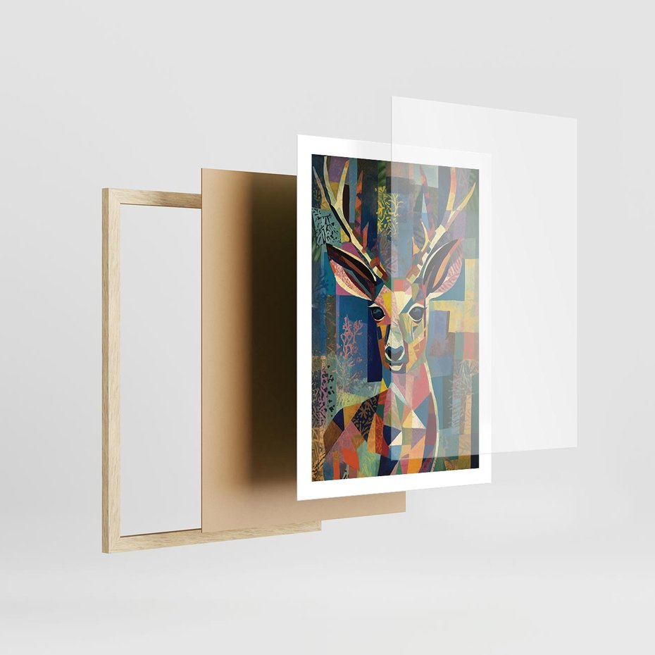 Plakat w ramie 50x70 - Bezgraniczne Kontury Zaskoczenia - abstrakcyjny obraz olejny, jeleń - rama drewno