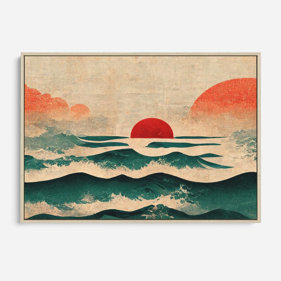 Obraz w ramie 70x50 - Czerwone Melodie - japońska sztuka, zachód słońca nad oceanem - rama drewno