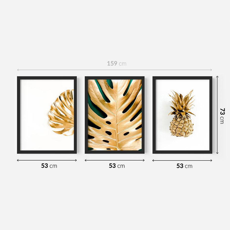 Zestaw obrazy w ramie 50x70 galeria - Złoty, ananas, monstera, gold - rama czarna