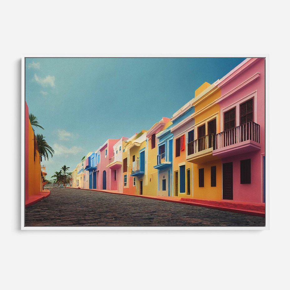 Obraz w ramie 120x80 - Ekspresja marzeń i tęsknot - pastelowe kolorowe budynki, wzdłuż ulicy - rama biała